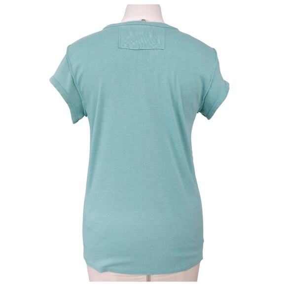 Free People Sculpted V-neck Cap Sleeve T-shirt Size L Turquoise Knit Casual Top - Picture 3 of 8